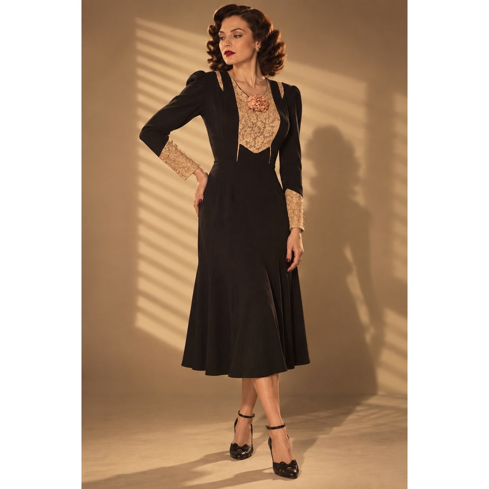 Vtg 30s 40s Black Crepe Dress Champagne Lace Puff Sleeve M/L 40 Bust 32 Waist 12